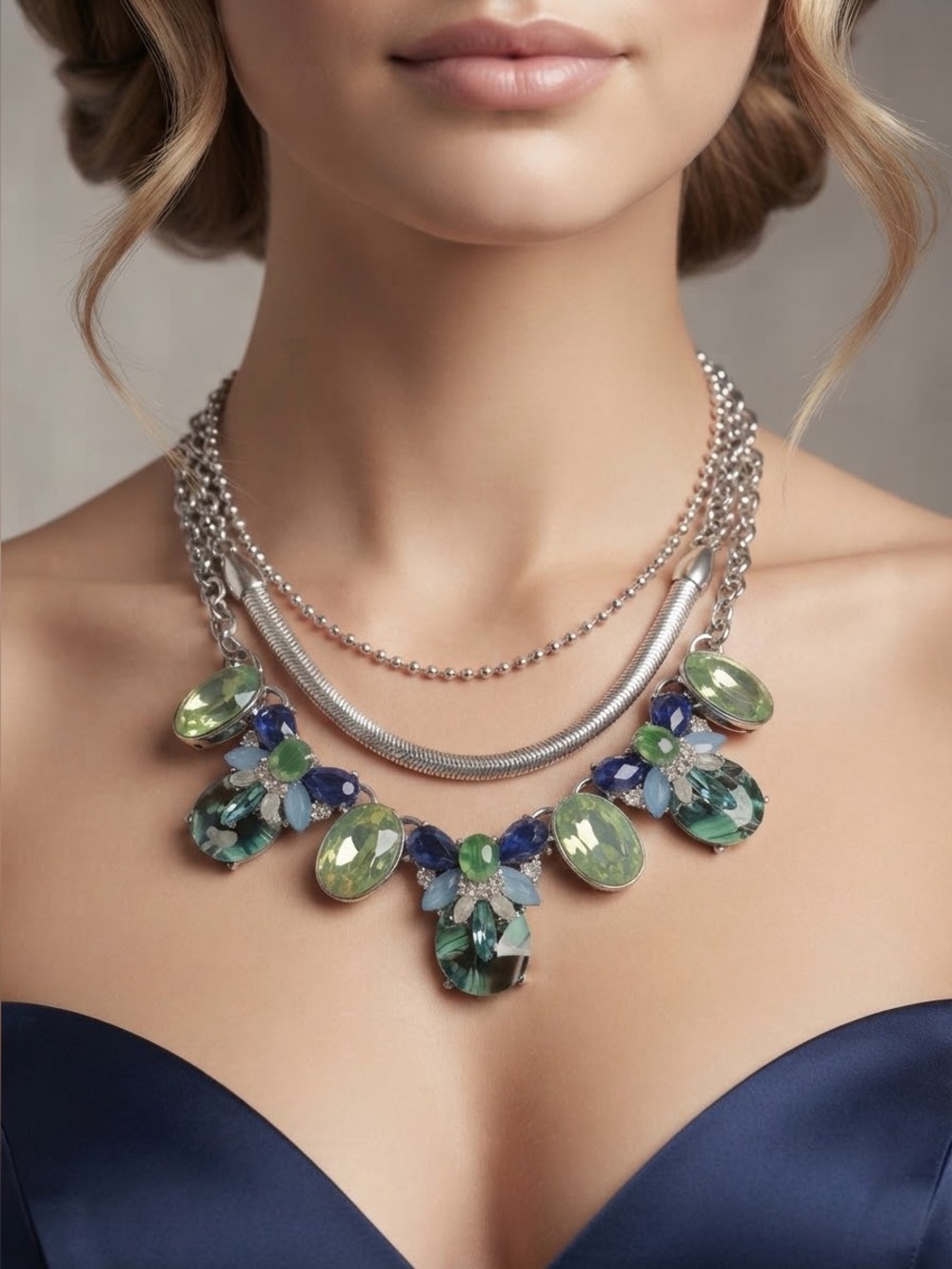 Lauren Conrad Green Blue Multi-Strand Statement Necklace | Boho Avant Garde